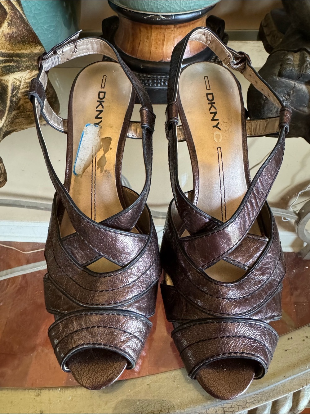 DKNY Bronze-Brown Metallic Strappy Peep-Toe Heels